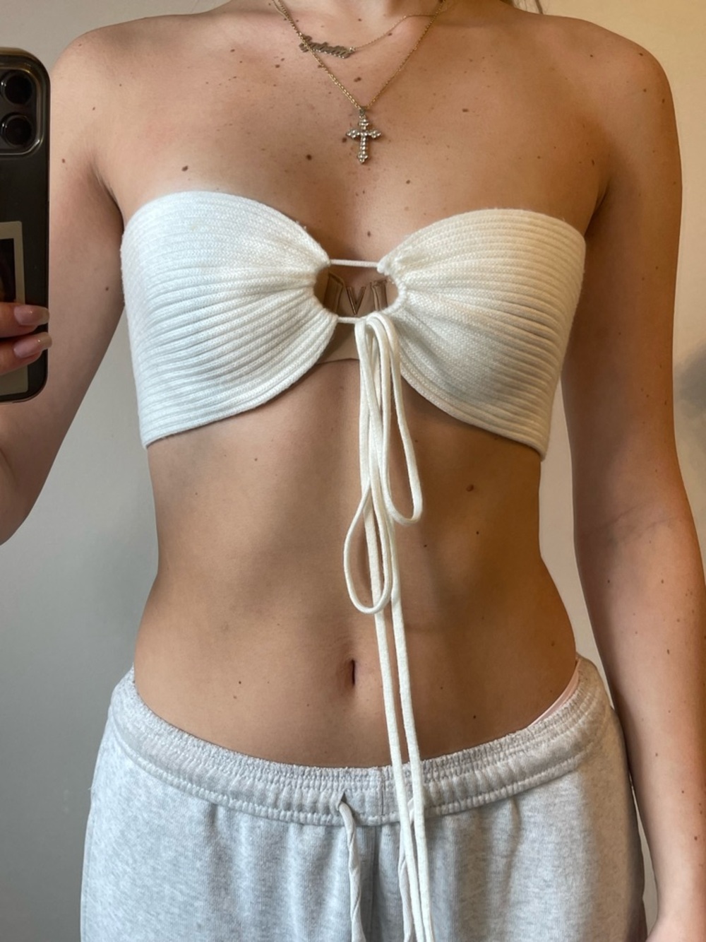 White Ribbed Strapless Tie-Front Bandeau Top